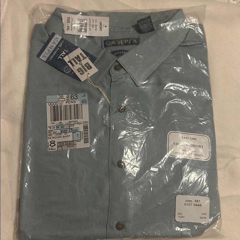 Campia Big & Tall Microfiber Button Up Shirt Men’s Size 4XL Easy Care Jade